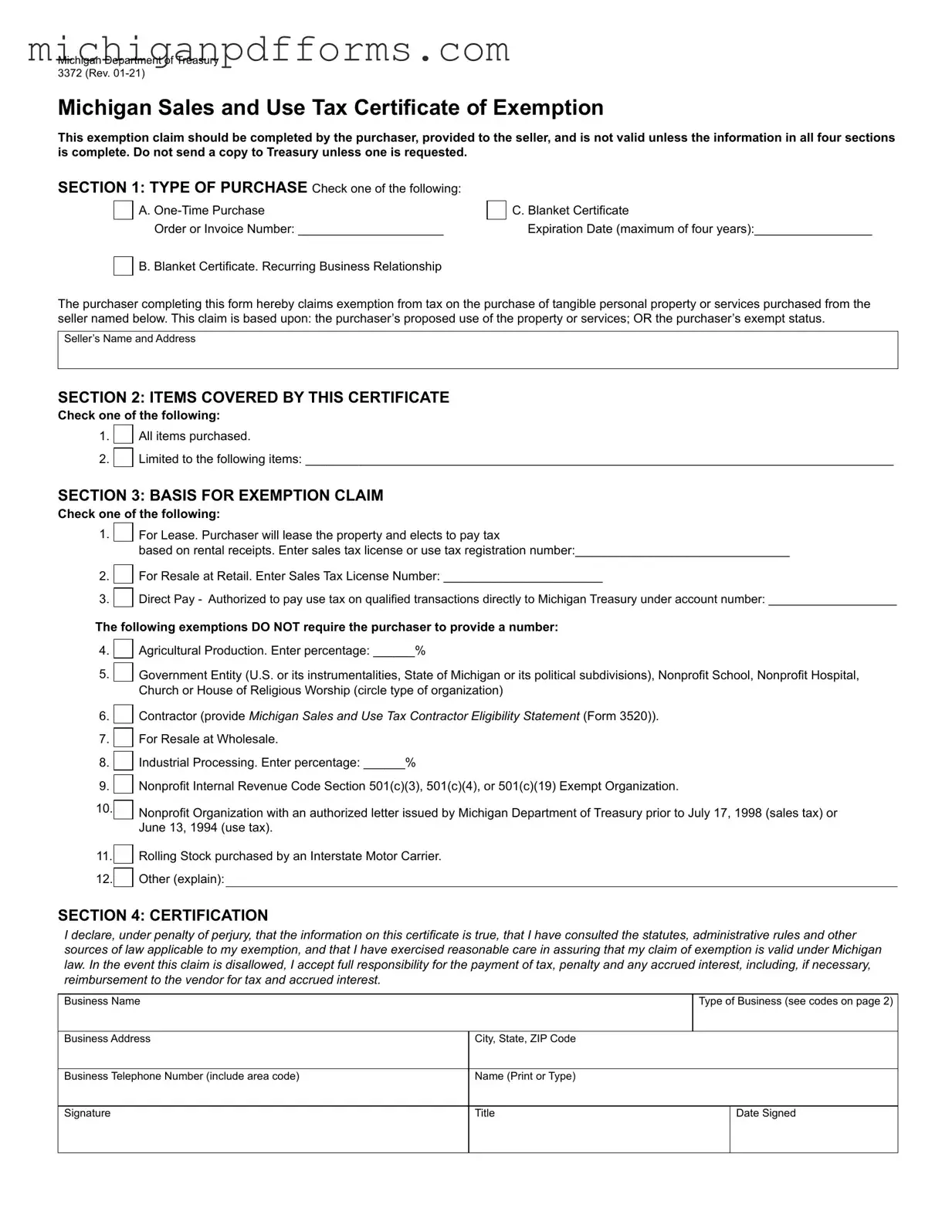Free 3372 Michigan Template in PDF