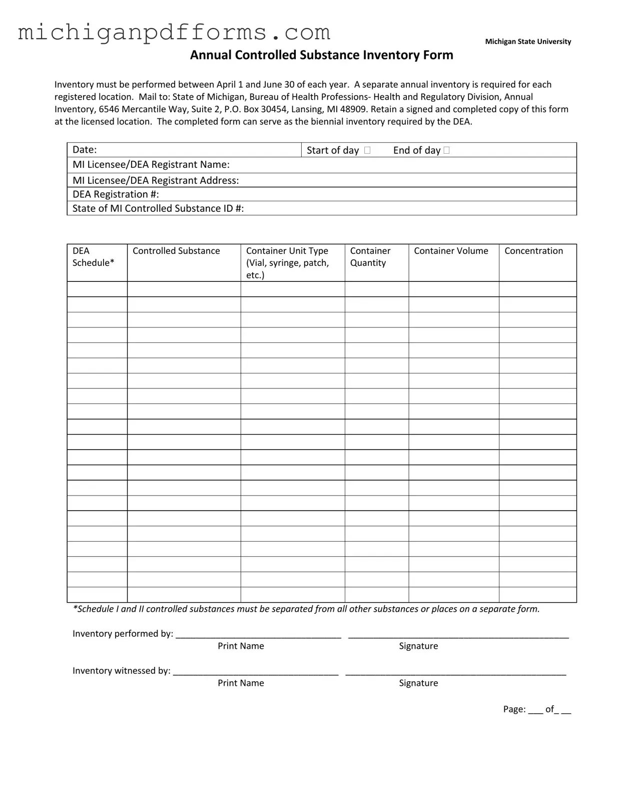 Free Control Substance Inventory Michigan Template in PDF