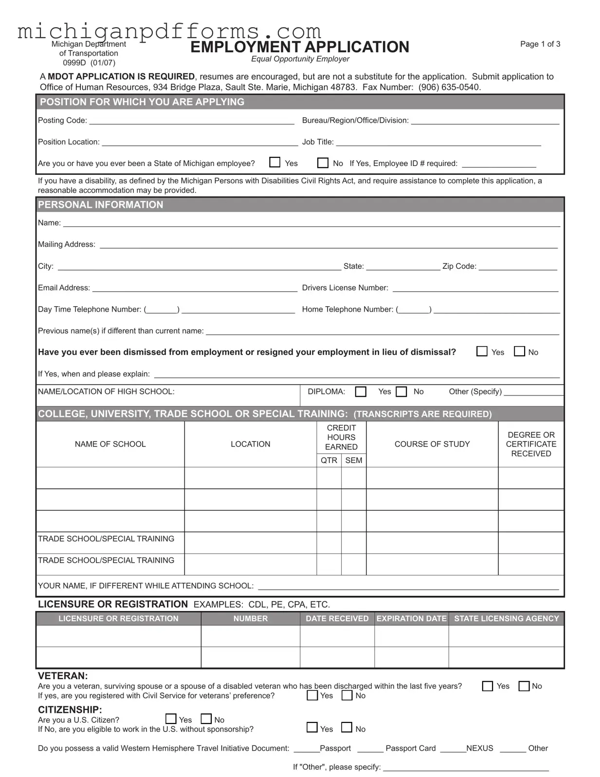 Free Michigan 0999D Template in PDF