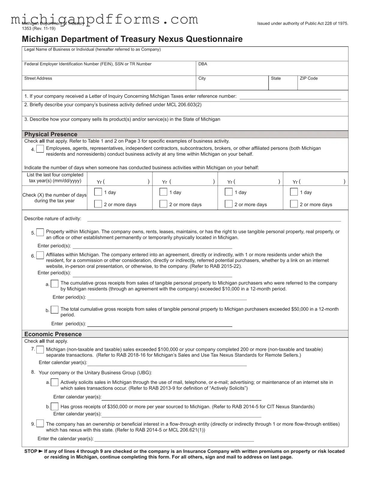 Free Michigan 1353 Template in PDF