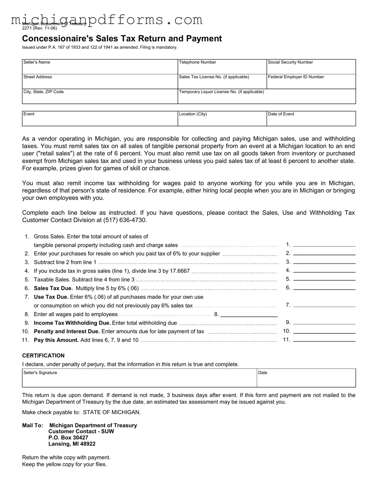 Free Michigan 2271 Template in PDF