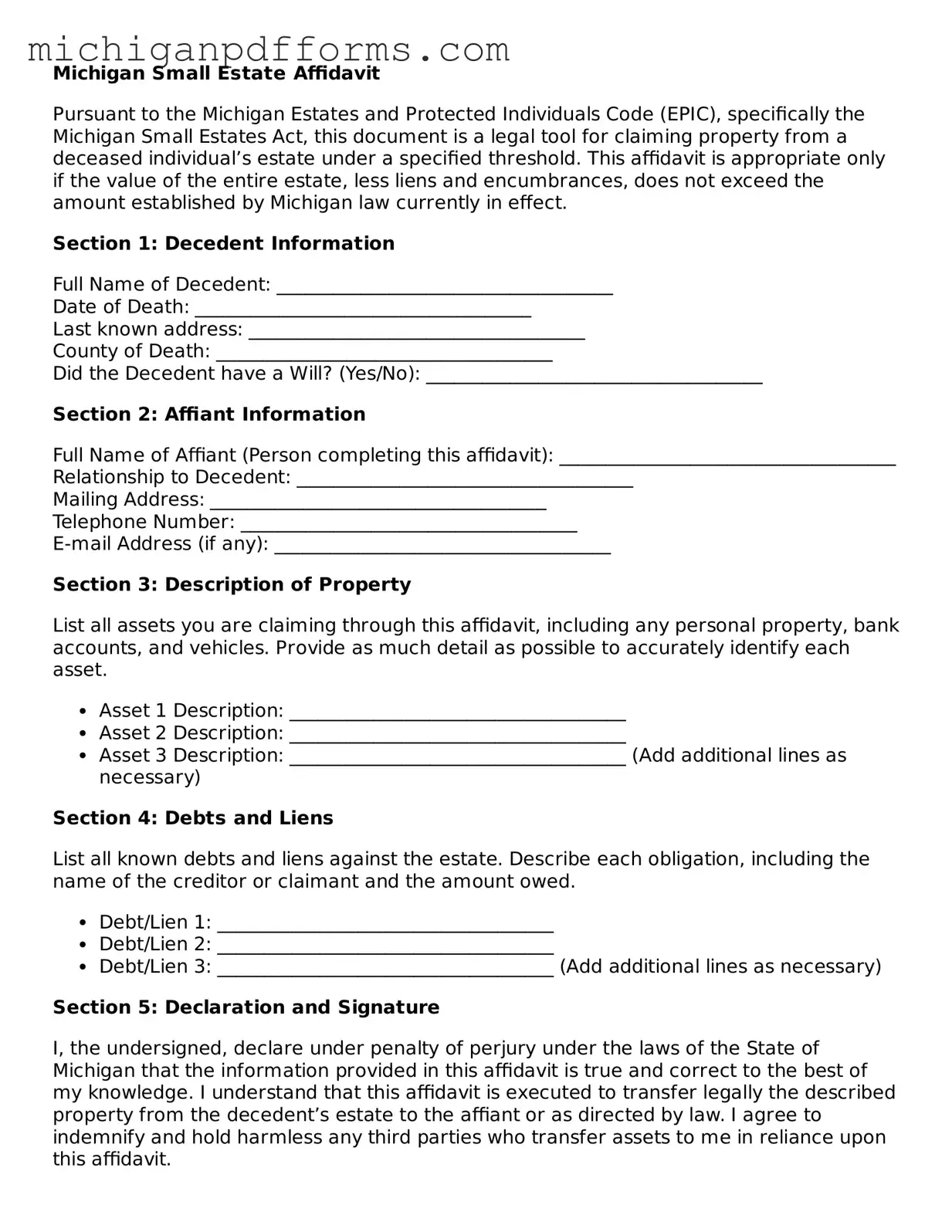 Blank Small Estate Affidavit Form for Michigan State