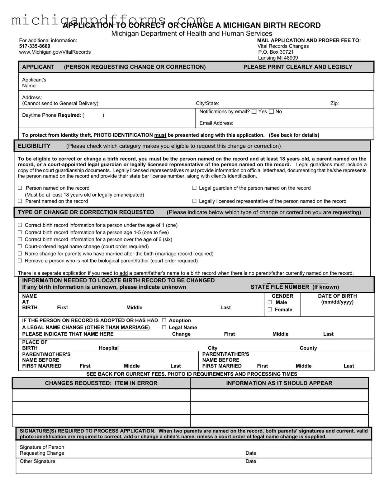 Free Michigan Application Birth Template in PDF