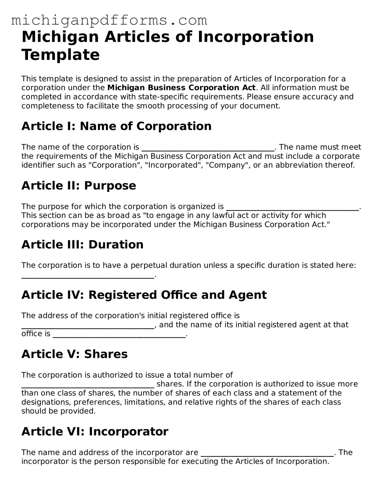 Blank Articles of Incorporation Form for Michigan State