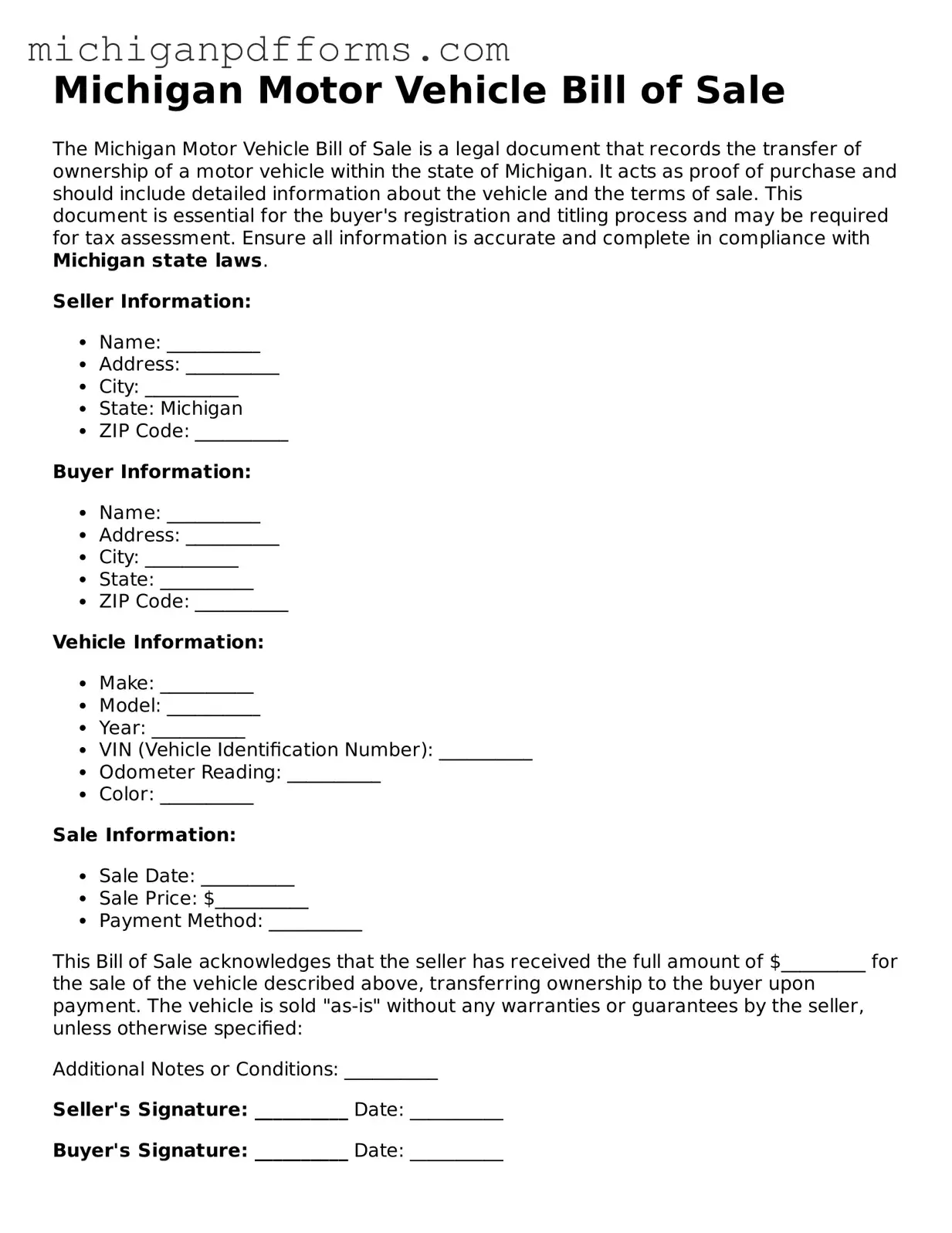 Blank Motor Vehicle Bill of Sale Form for Michigan State