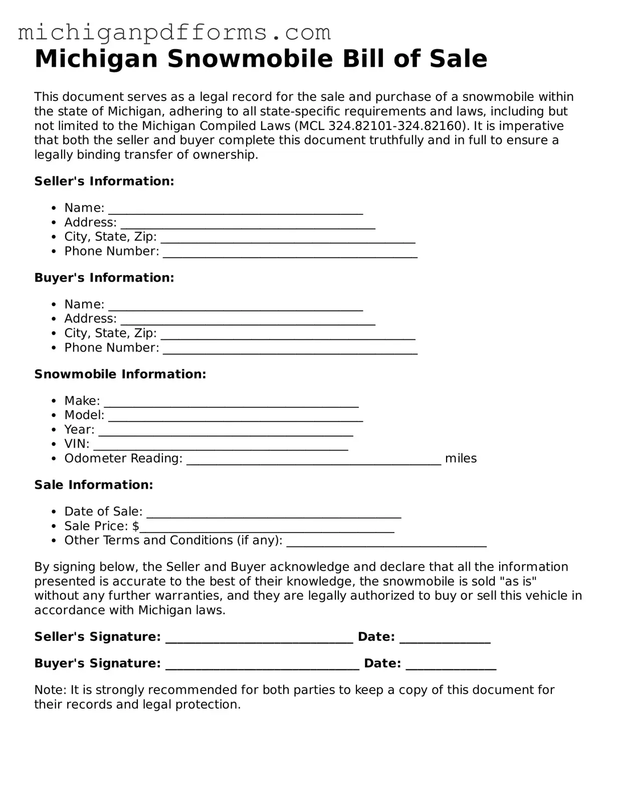 Blank Snowmobile Bill of Sale Form for Michigan State