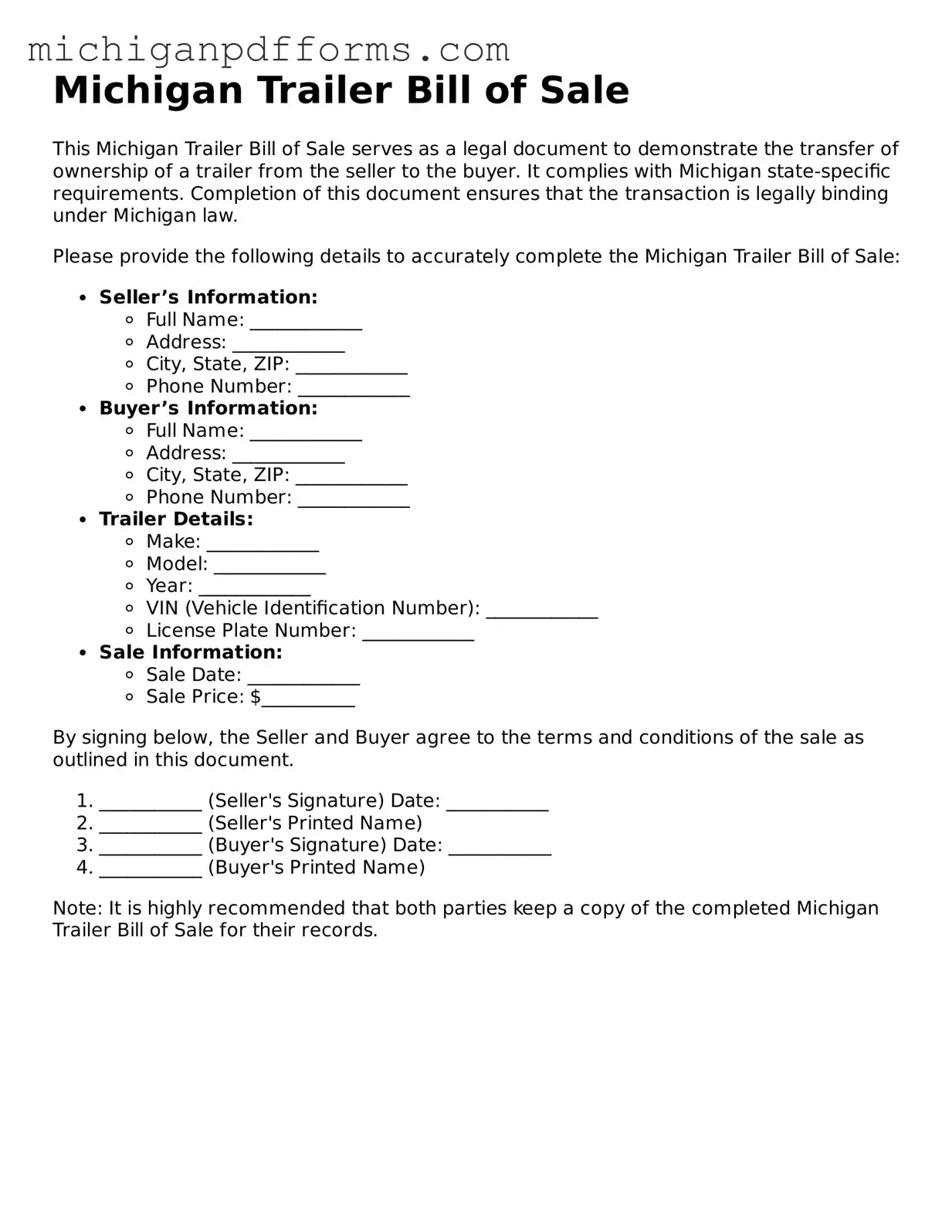 Blank Trailer Bill of Sale Form for Michigan State