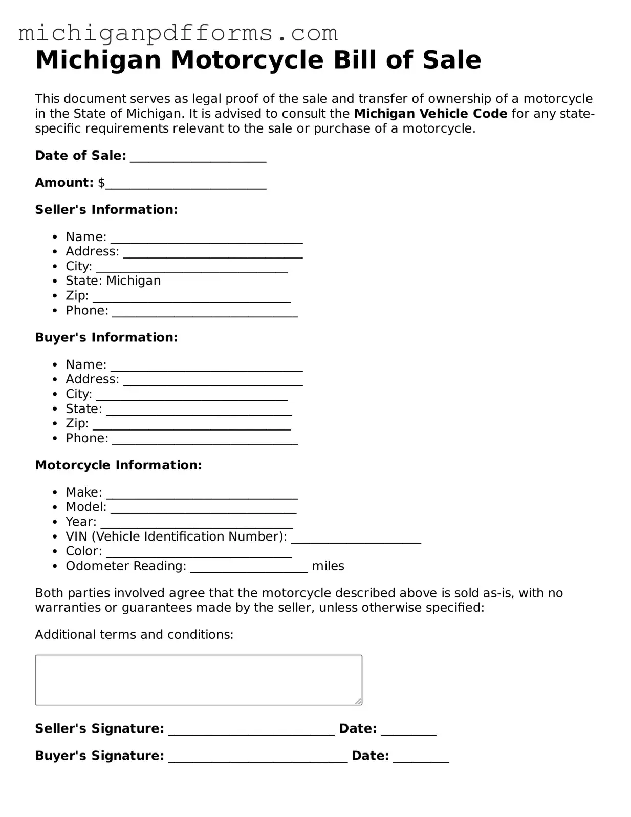 Blank Motorcycle Bill of Sale Form for Michigan State
