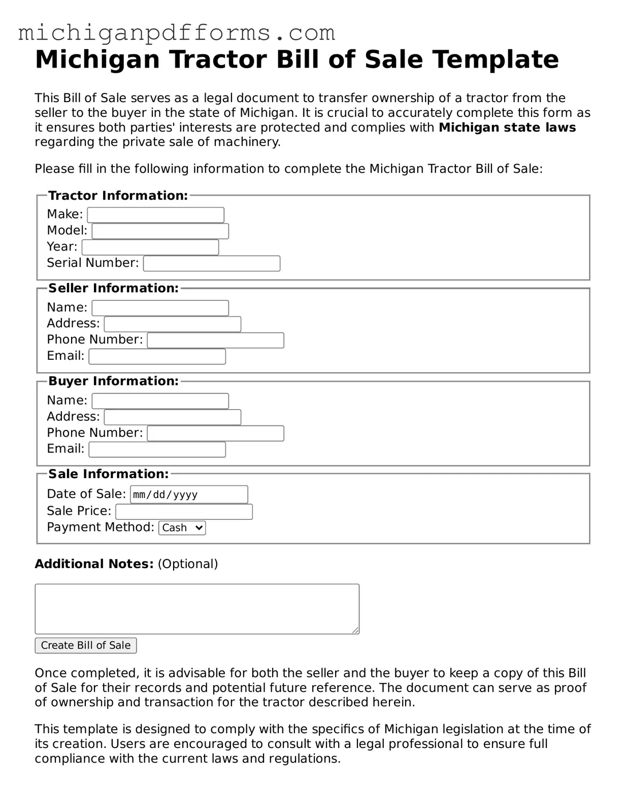 Blank Tractor Bill of Sale Form for Michigan State