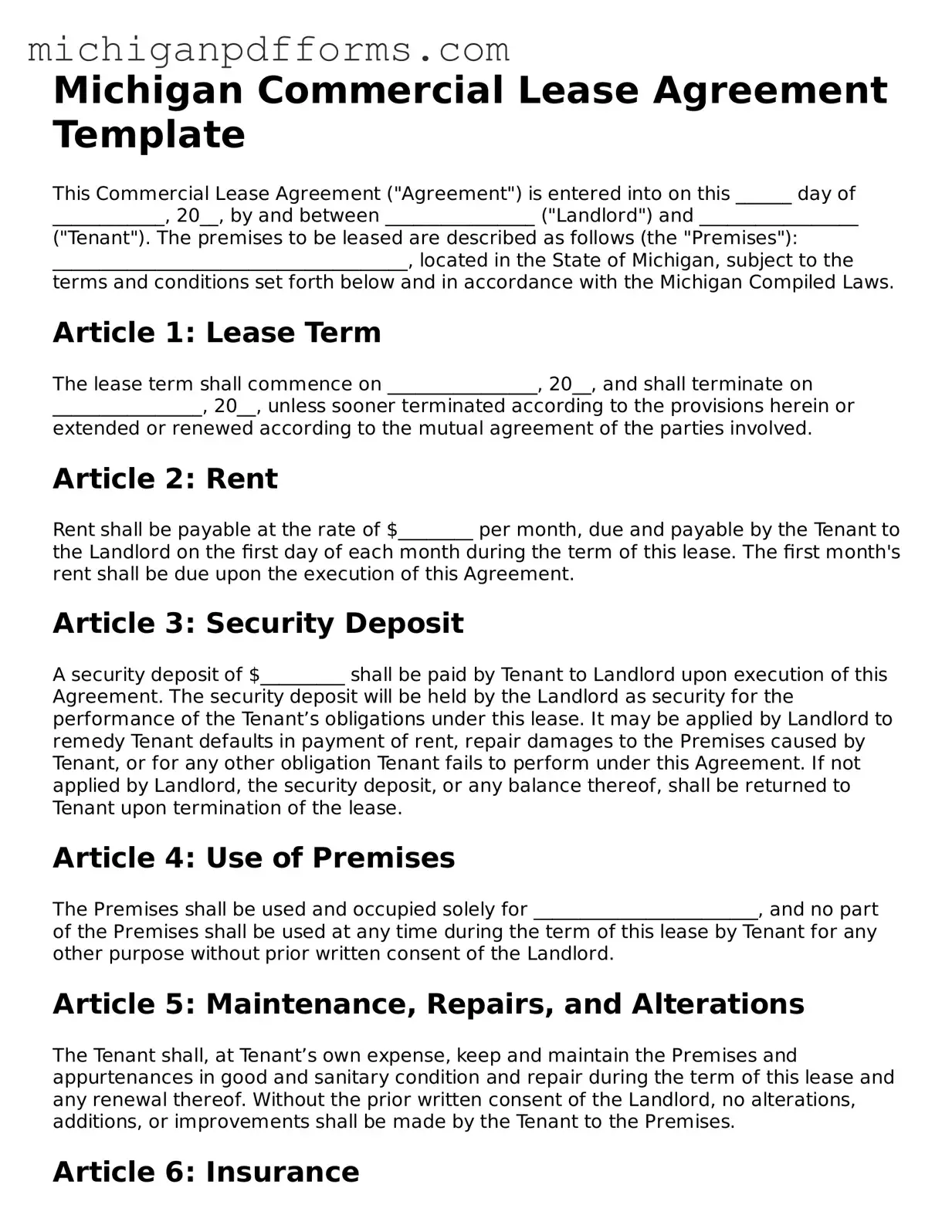 Blank Commercial Lease Agreement Form for Michigan State