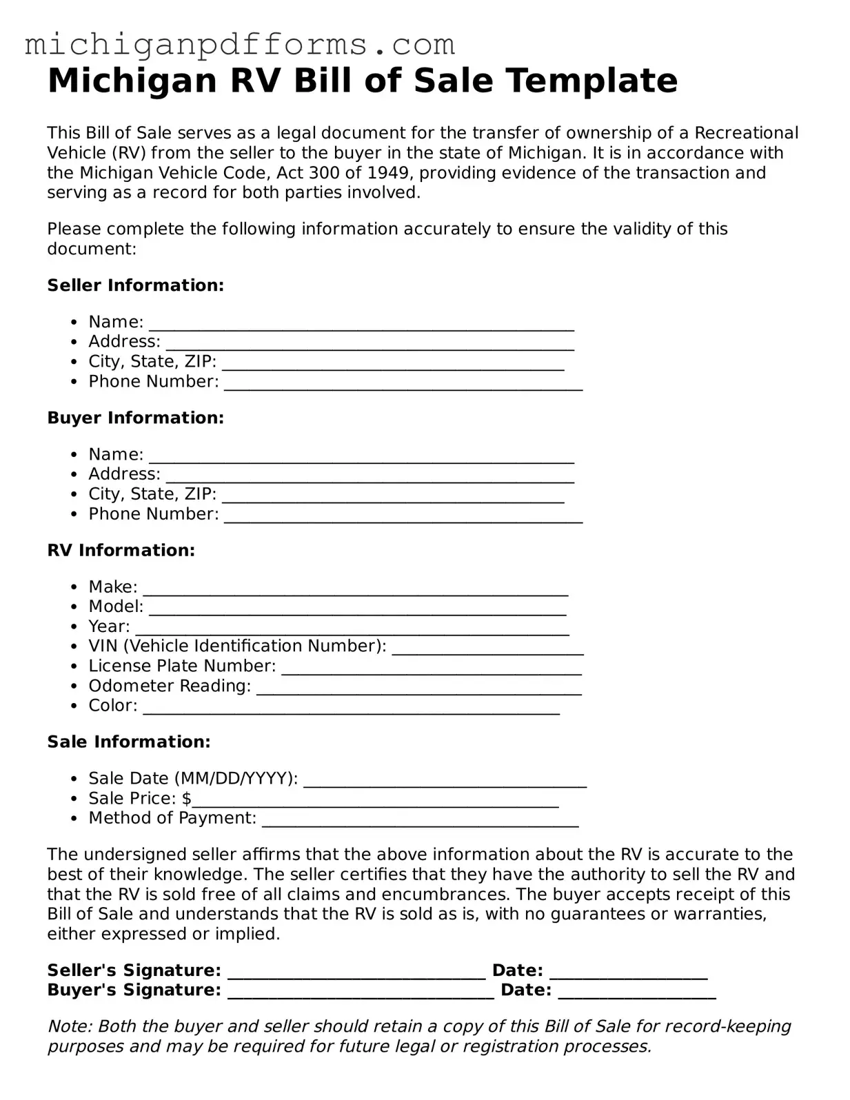 Blank RV Bill of Sale Form for Michigan State