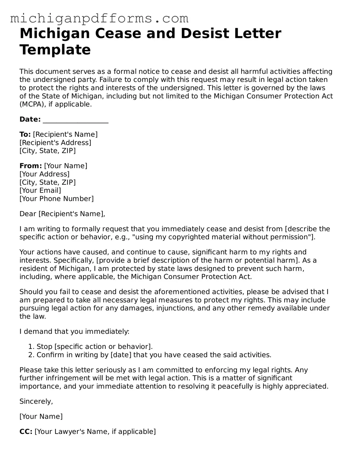 Blank Cease and Desist Letter Form for Michigan State