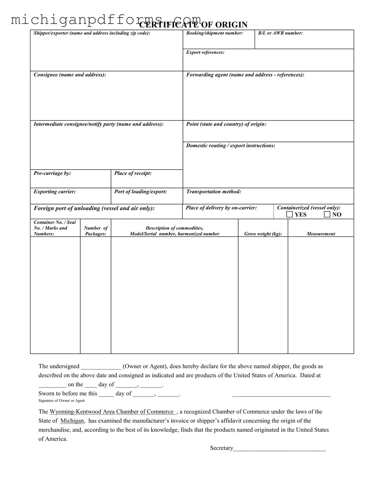 Free Michigan Certificate Of Origin Template in PDF