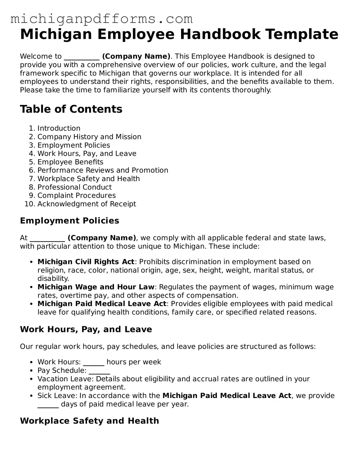 Blank Employee Handbook Form for Michigan State