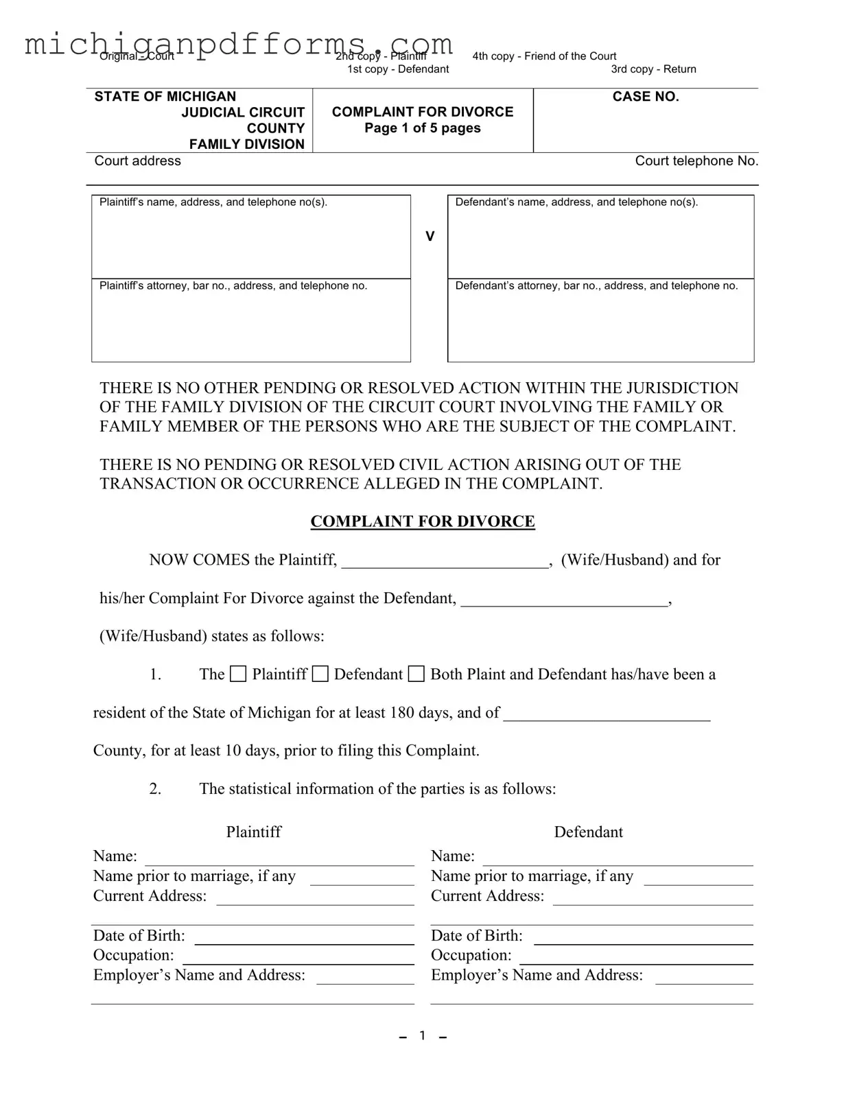 Free Michigan Complaint Divorce Template in PDF