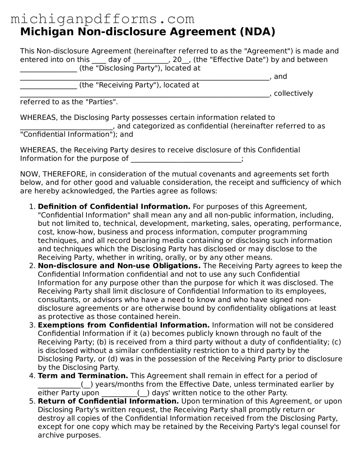 Blank Non-disclosure Agreement Form for Michigan State