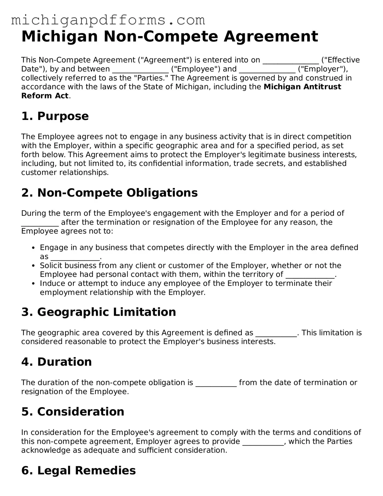 Blank Non-compete Agreement Form for Michigan State