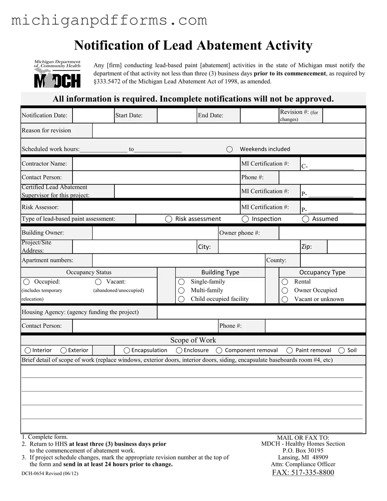 Free Michigan Dch 0654 Template in PDF