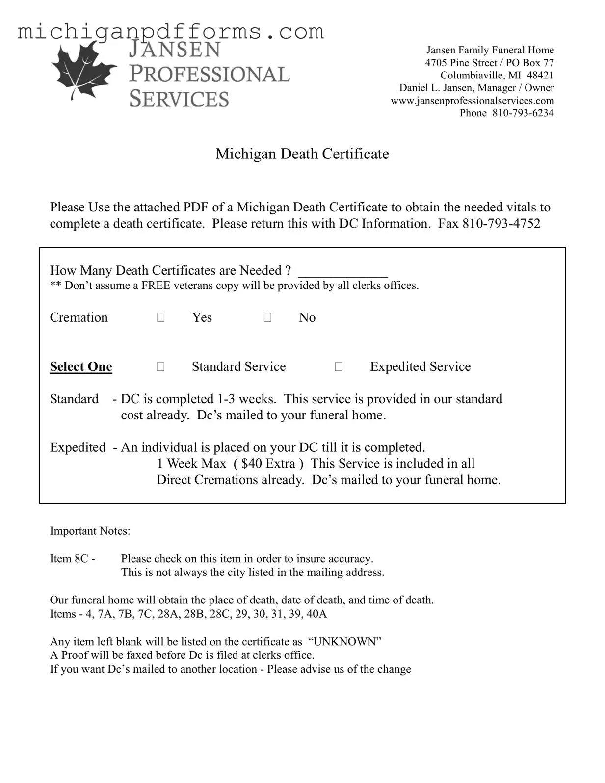 Free Michigan Death Certificate Template in PDF