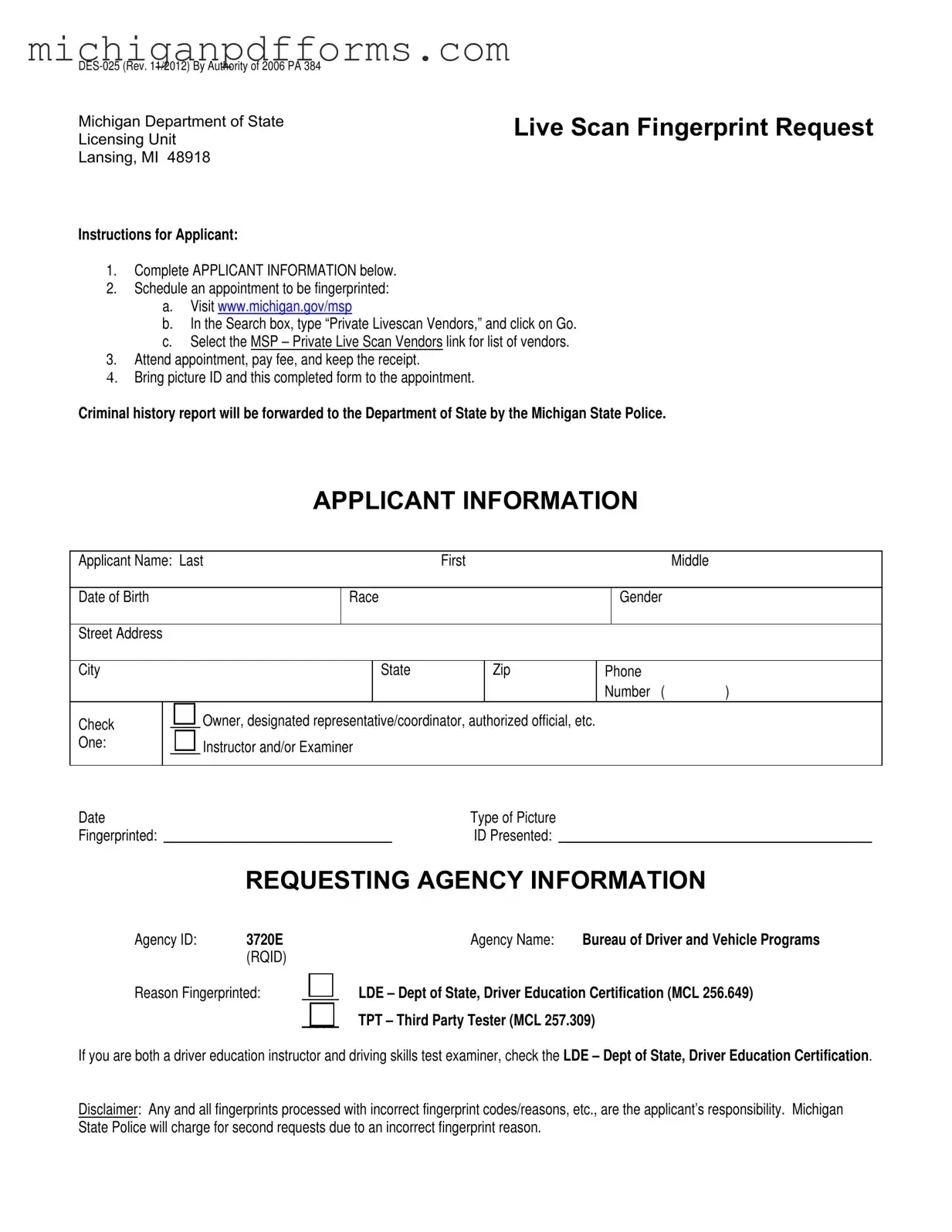 Free Michigan Des 025 Template in PDF