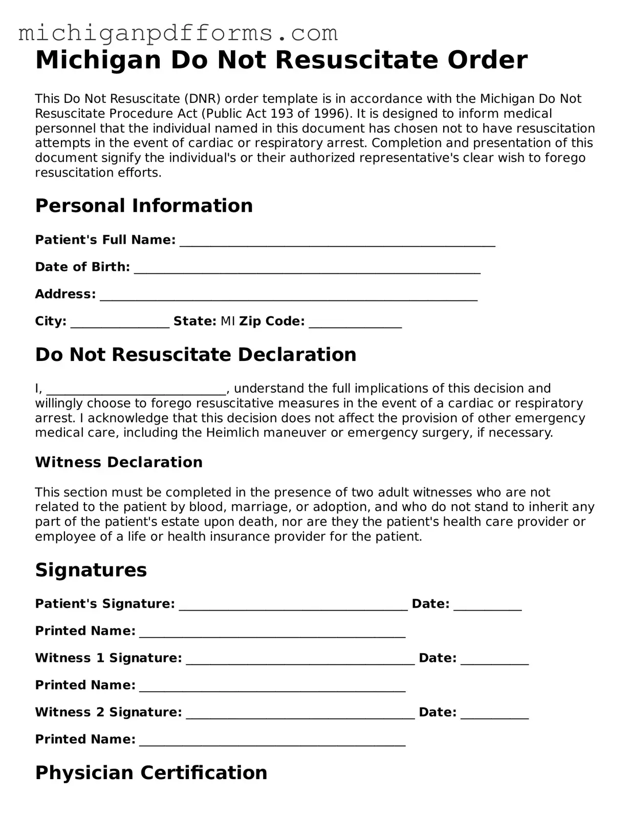Blank Do Not Resuscitate Order Form for Michigan State