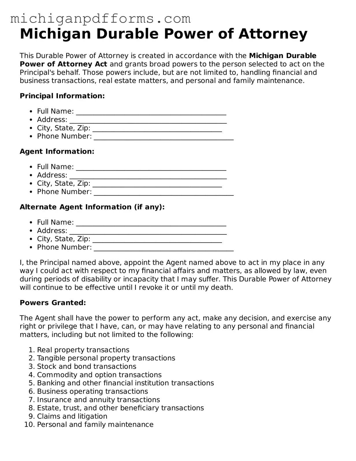 Blank Durable Power of Attorney Form for Michigan State