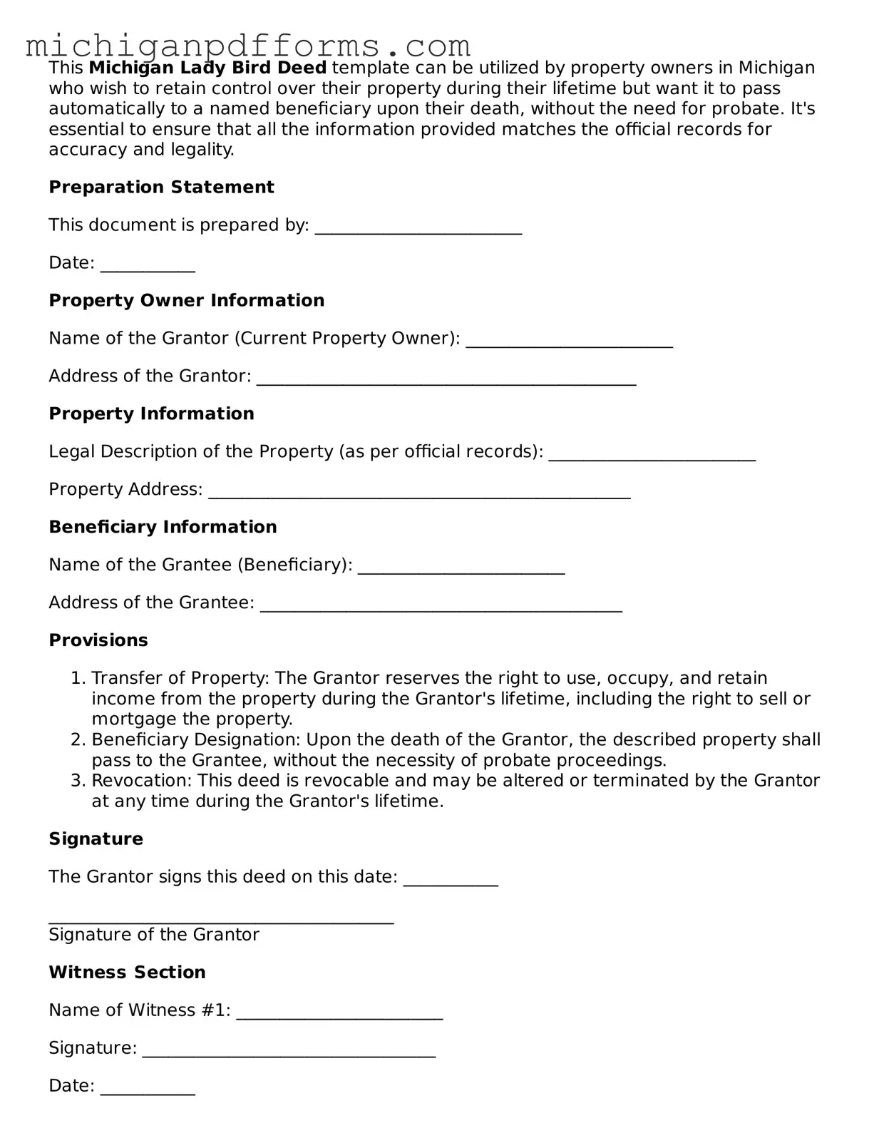 Blank Lady Bird Deed Form for Michigan State