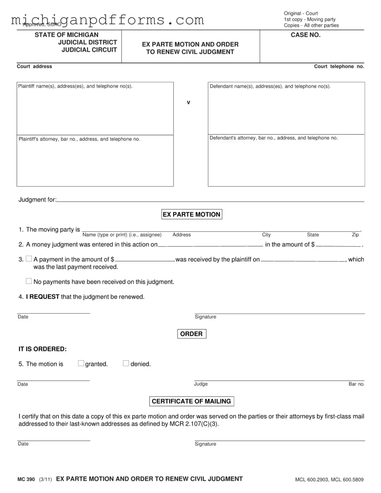Free Michigan Ex Parte Template in PDF