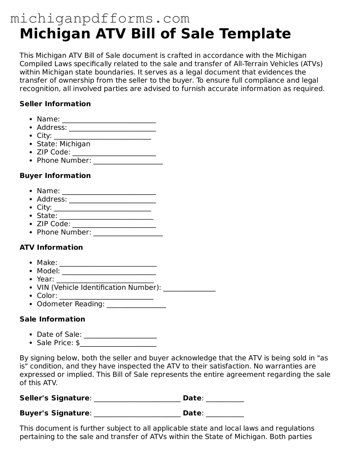 Blank ATV Bill of Sale Form for Michigan State