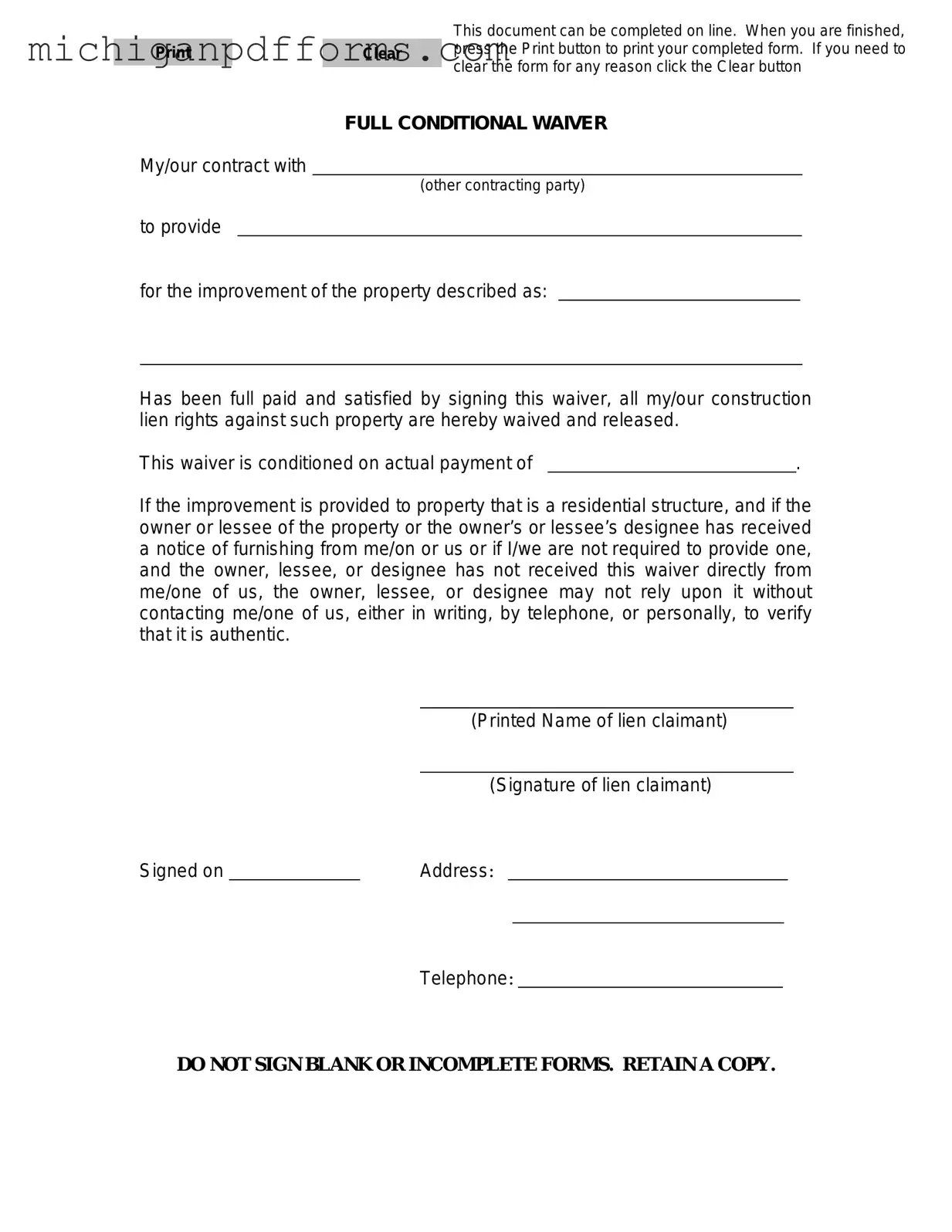 Free Michigan Full Conditional Waiver Template in PDF