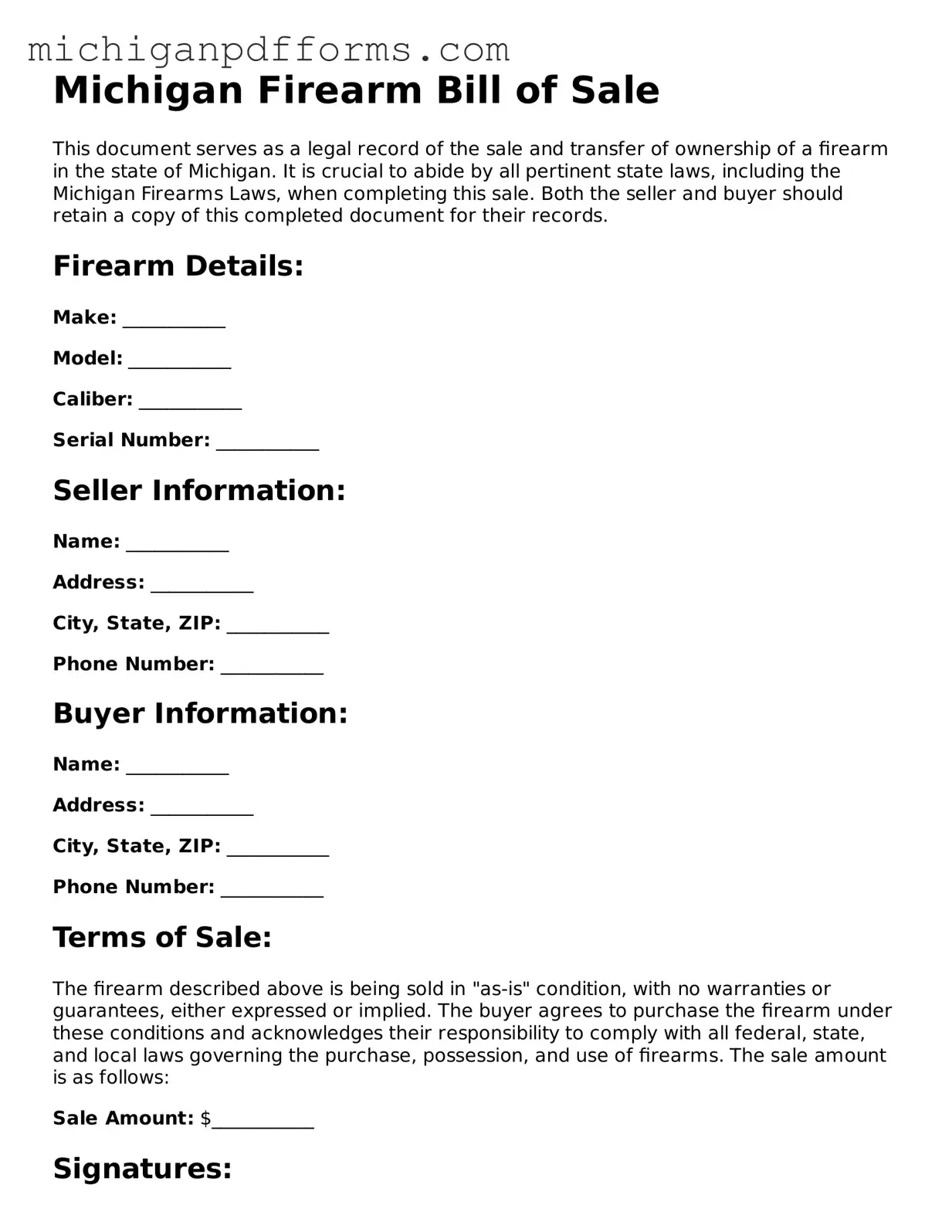 Blank Firearm Bill of Sale Form for Michigan State