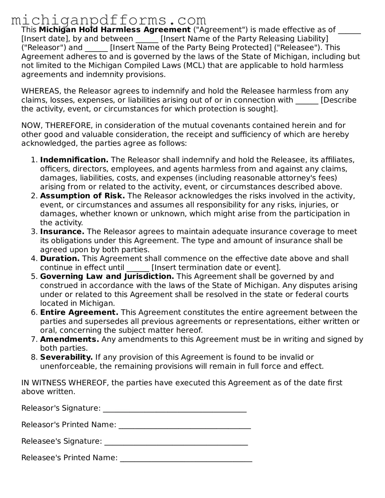 Blank Hold Harmless Agreement Form for Michigan State