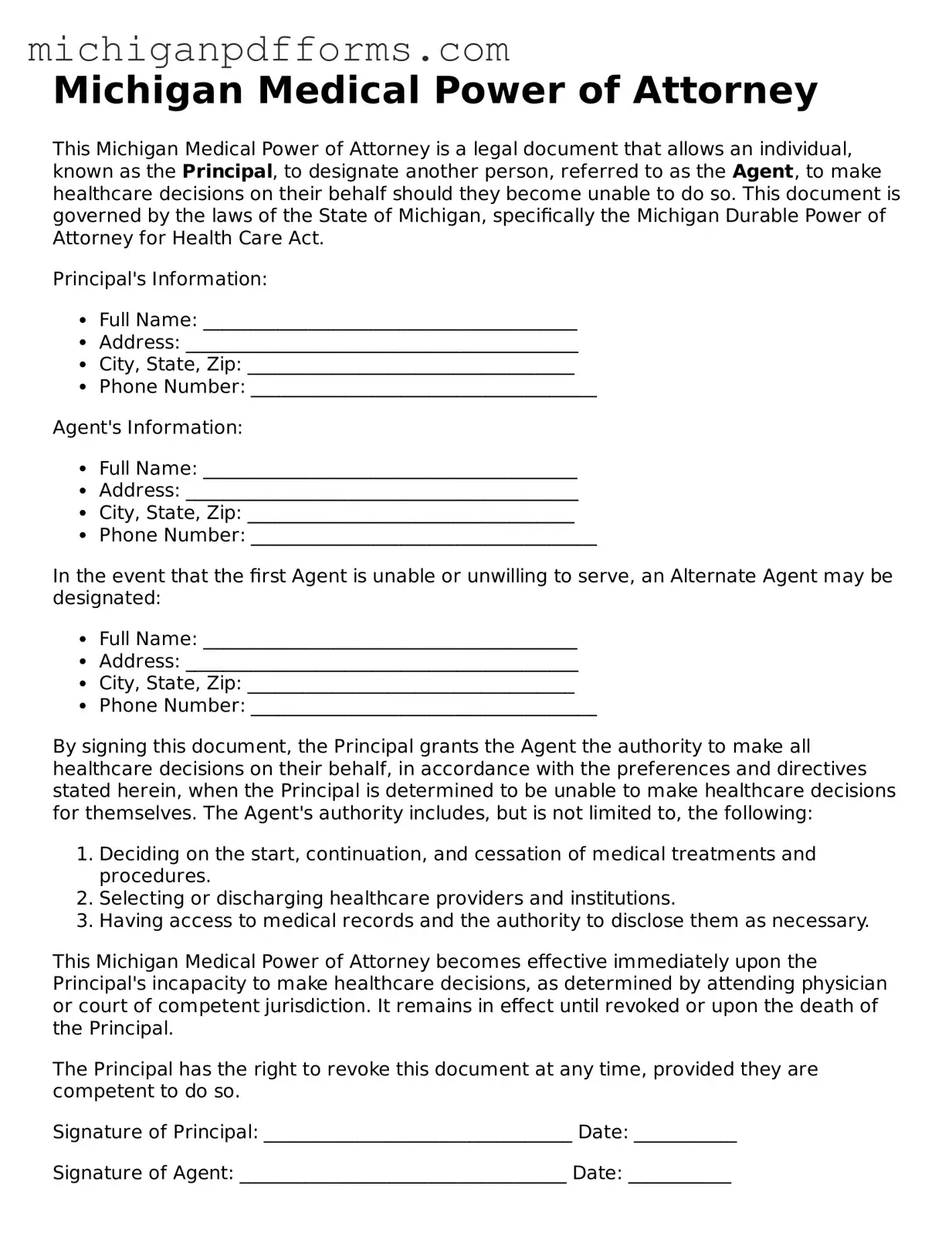 Blank Medical Power of Attorney Form for Michigan State