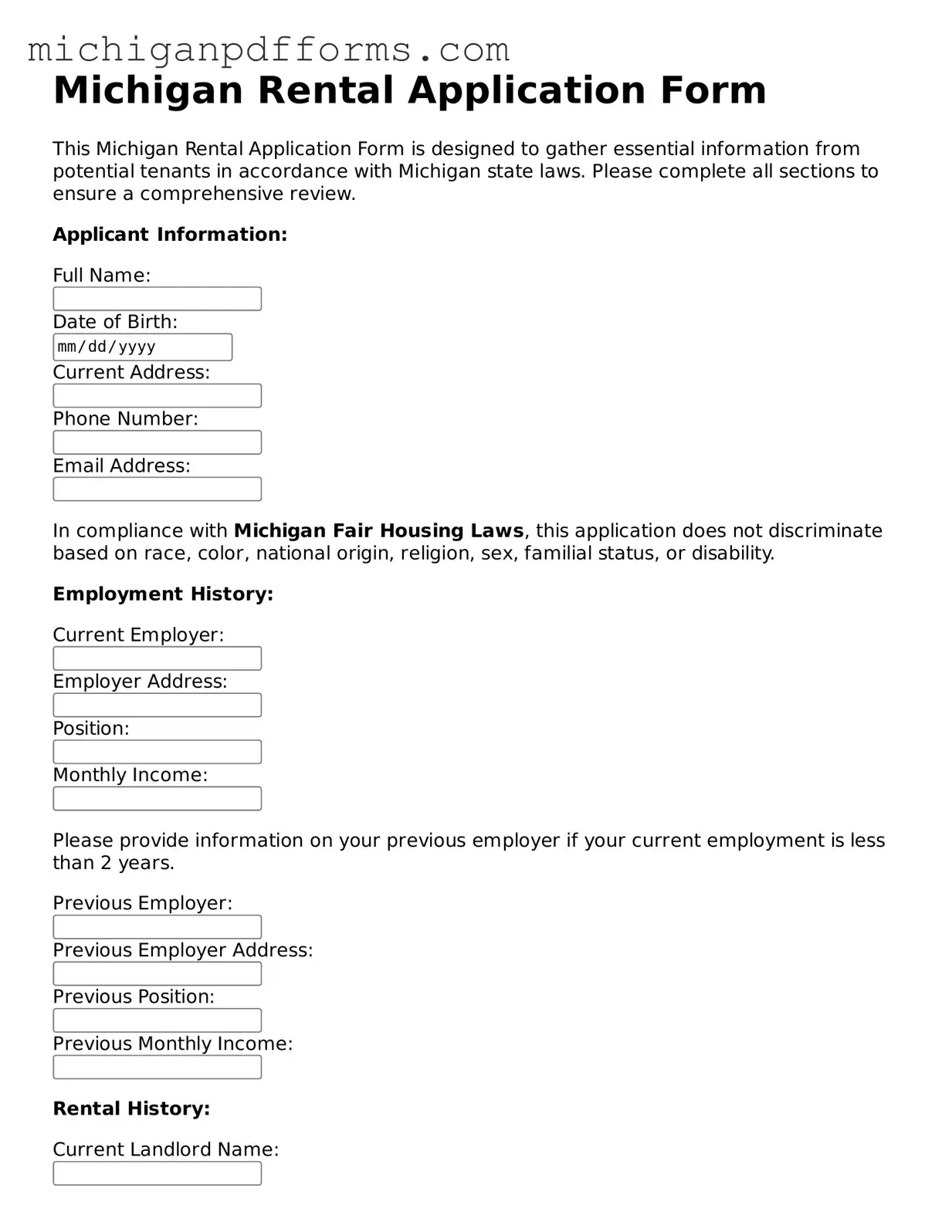 Blank Rental Application Form for Michigan State