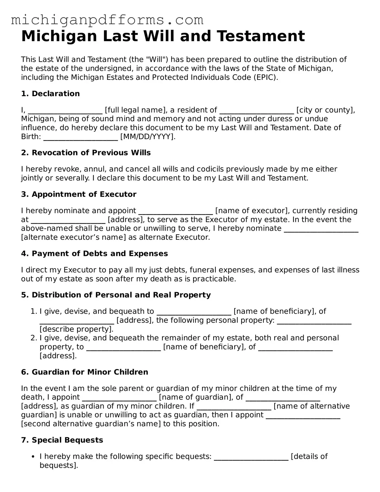 Blank Last Will and Testament Form for Michigan State