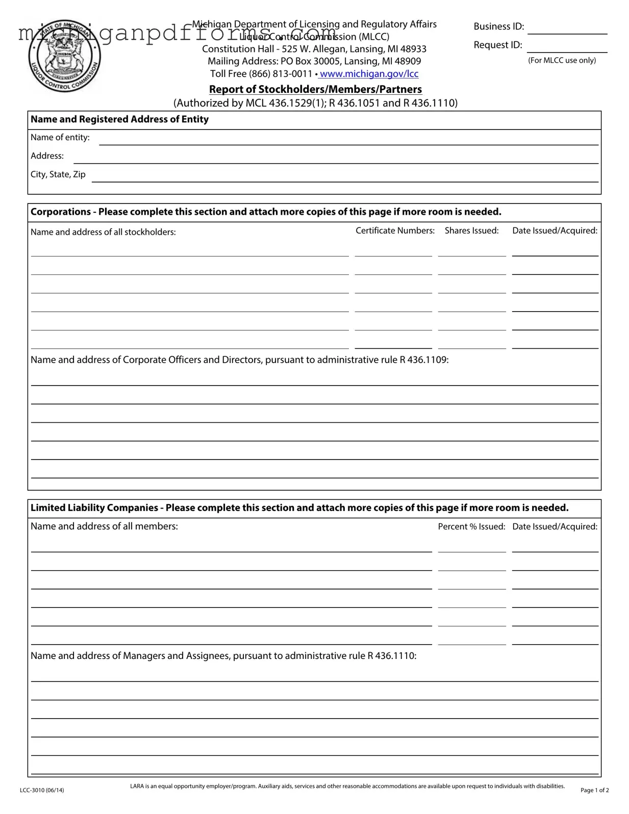 Free Michigan Lcc 3010 Template in PDF