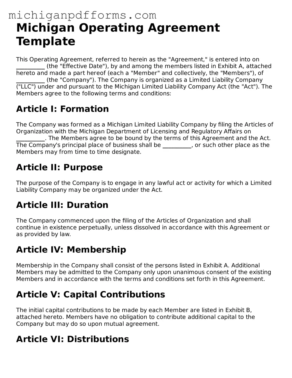 Blank Operating Agreement Form for Michigan State