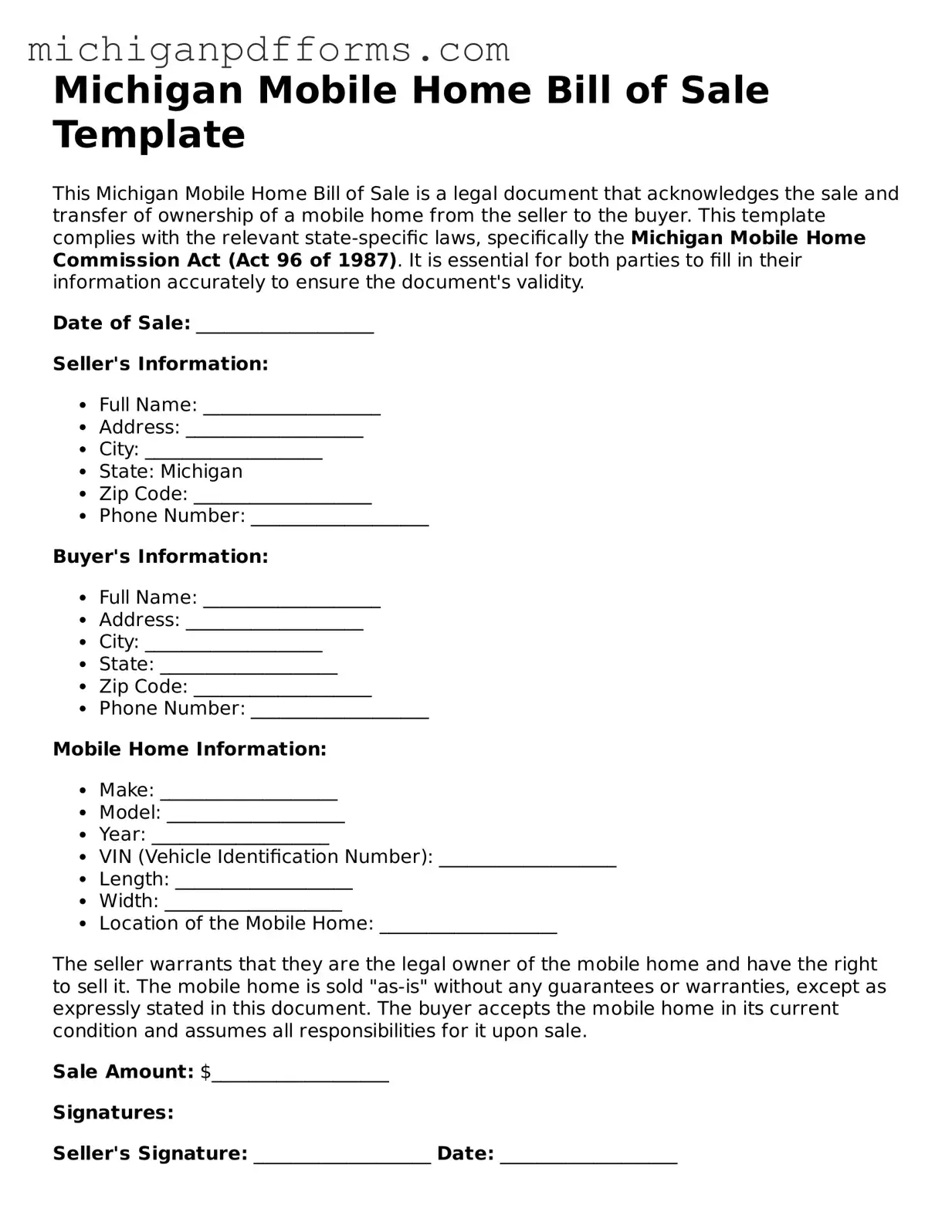 Blank Mobile Home Bill of Sale Form for Michigan State