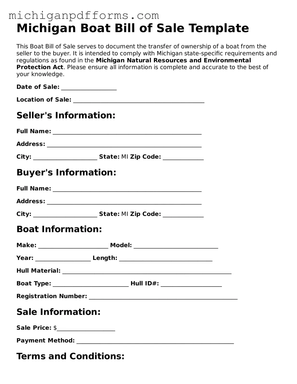Blank Boat Bill of Sale Form for Michigan State