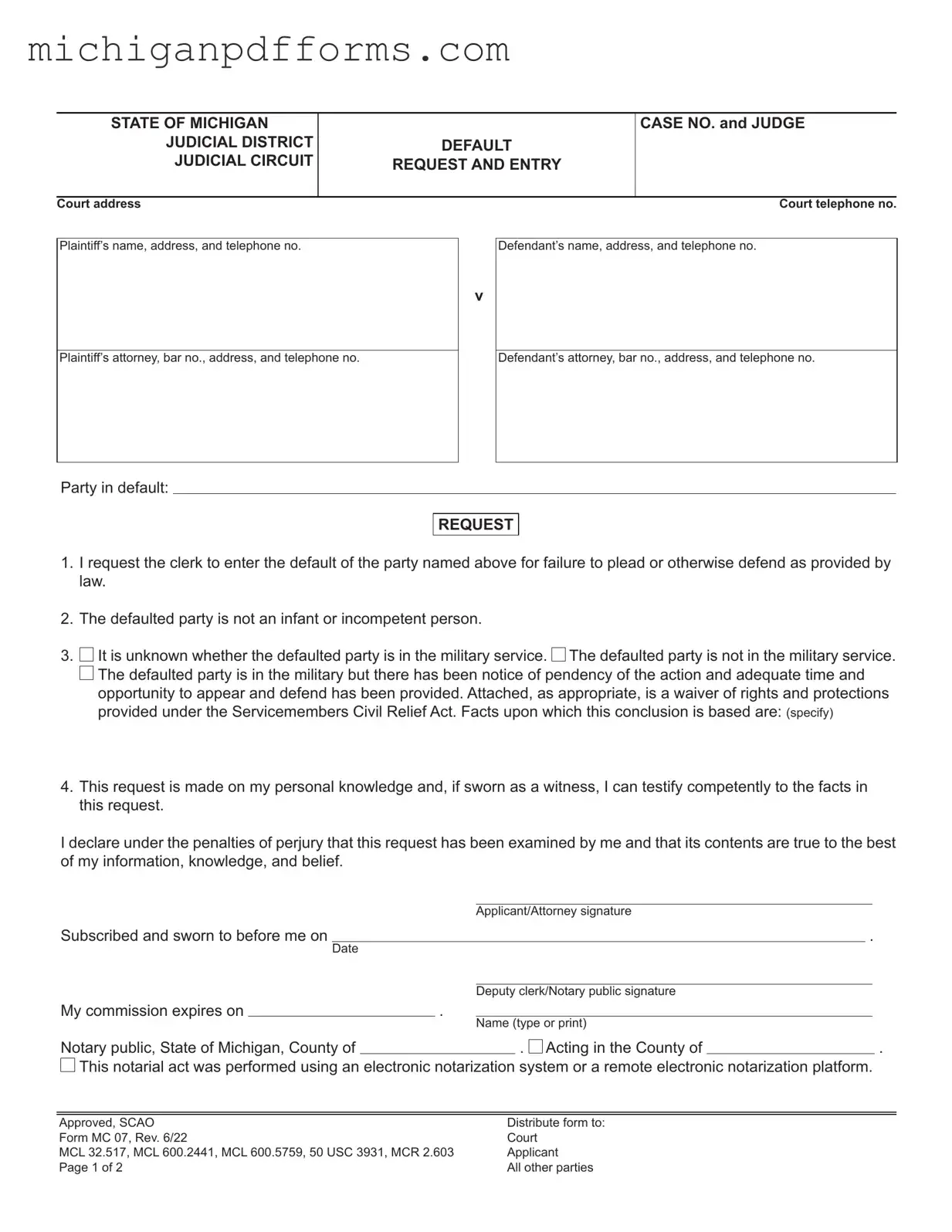 Free Michigan Mc 07 Template in PDF