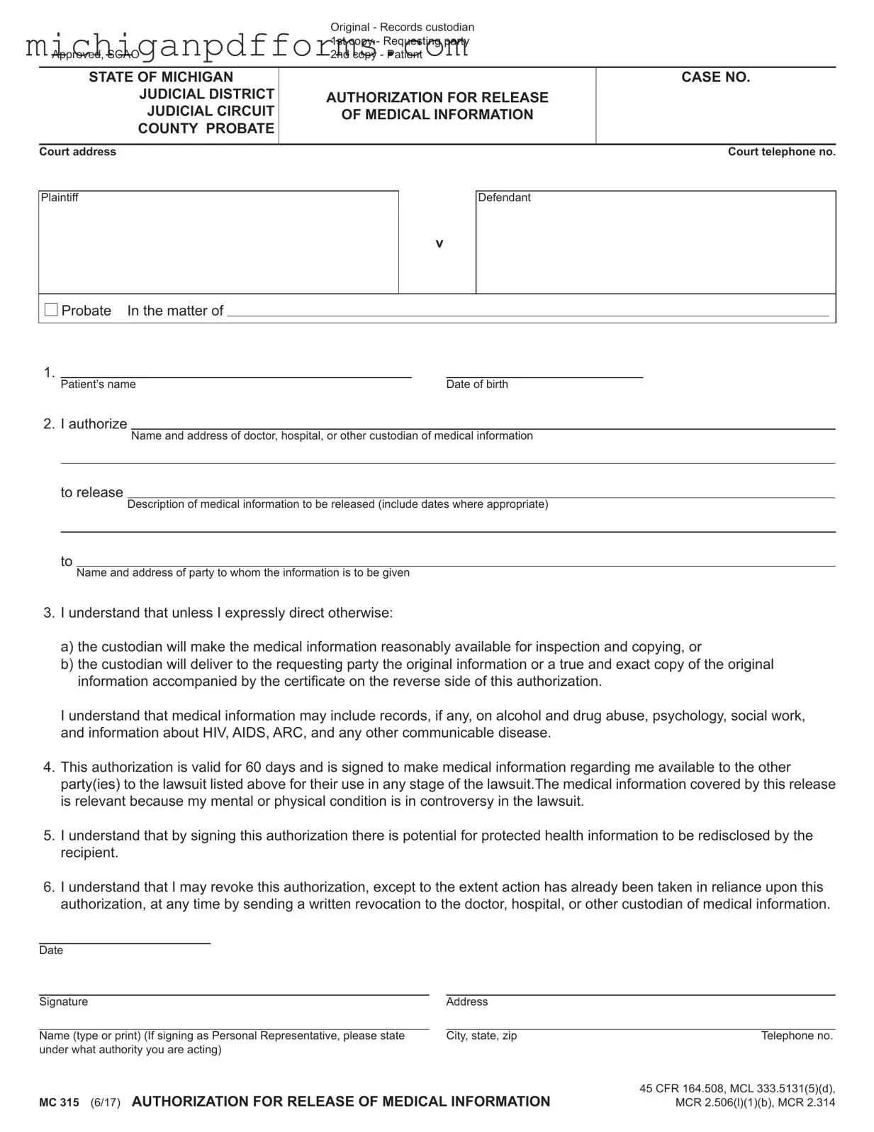 Free Michigan Mc 315 Template in PDF
