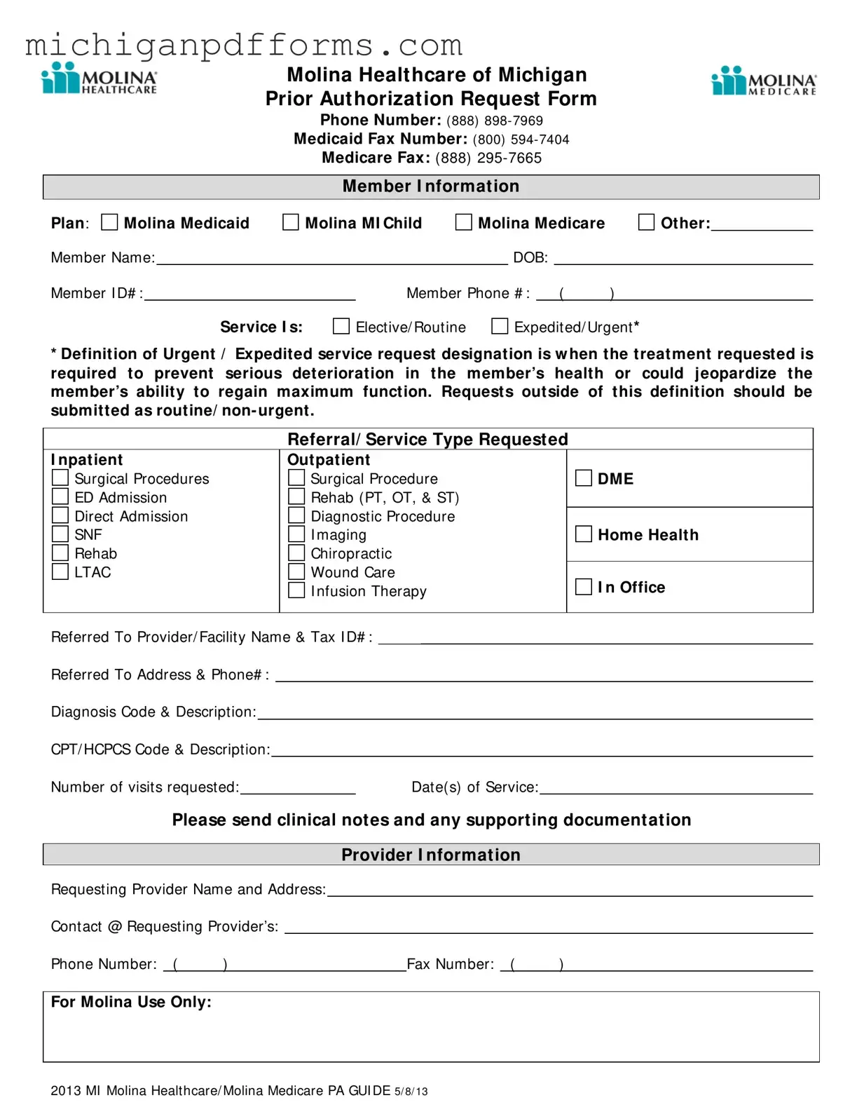Free Michigan Molina Prior Authorization Template in PDF