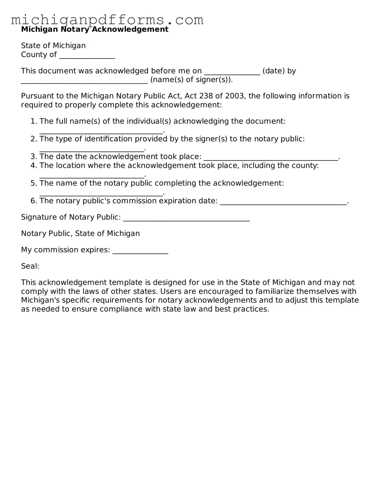 Blank Notary Acknowledgement Form for Michigan State