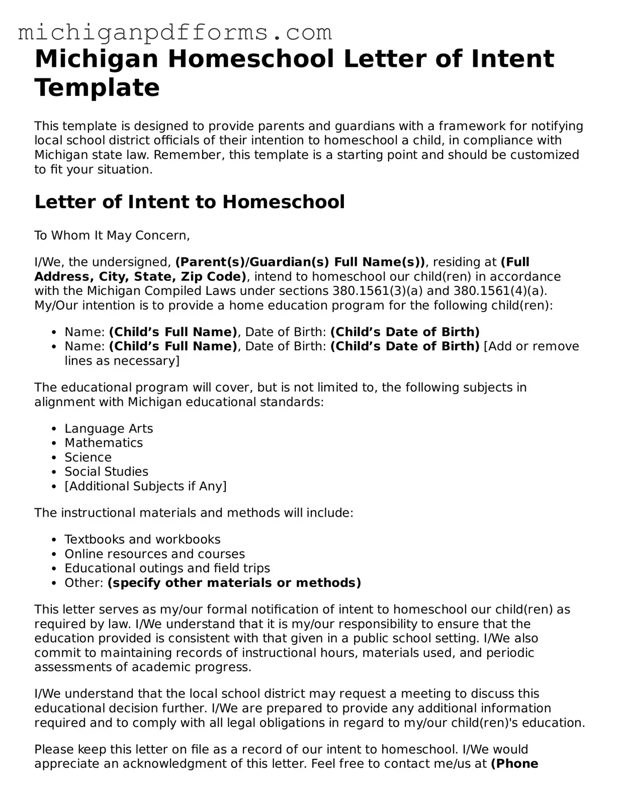Blank Homeschool Letter of Intent Form for Michigan State