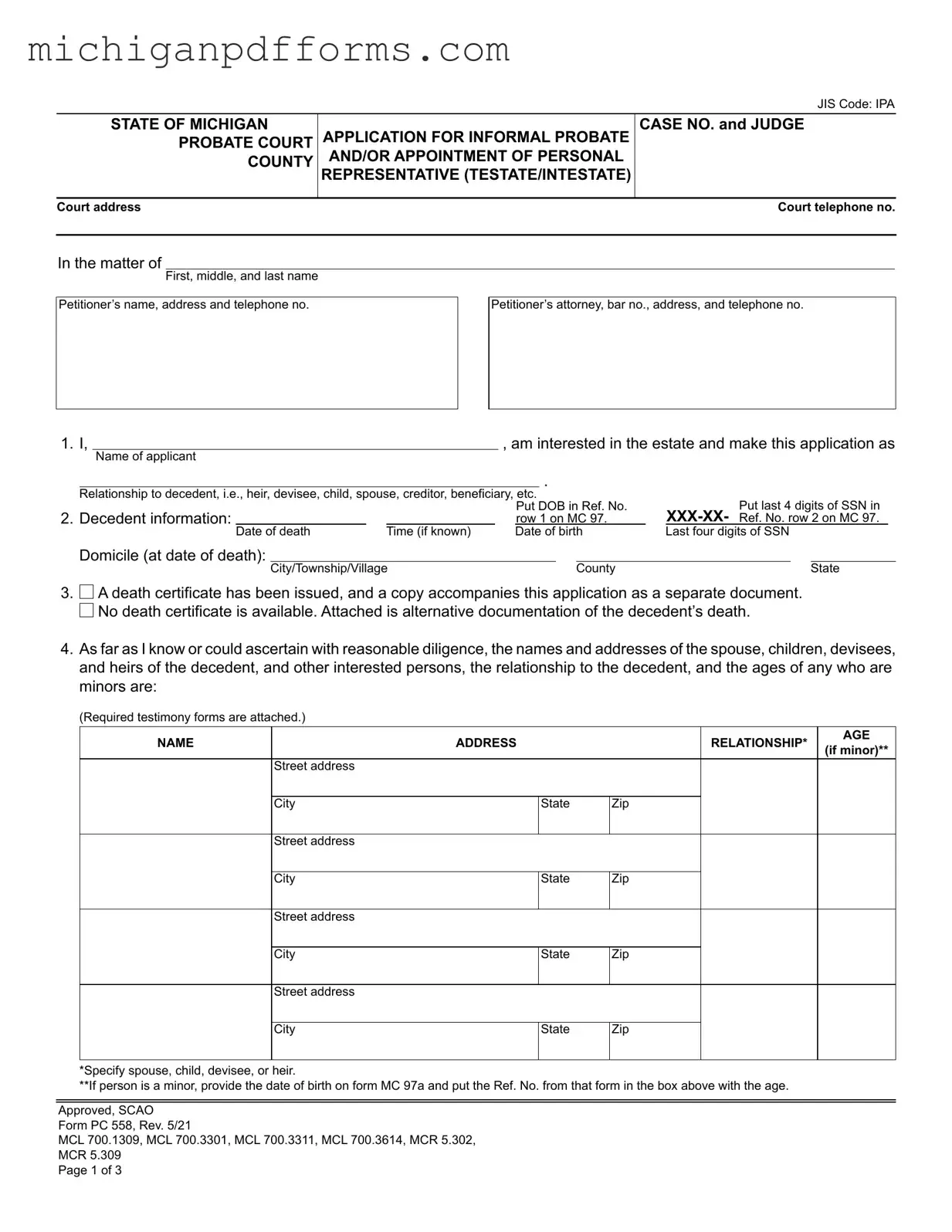 Free Michigan Pc 558 Template in PDF