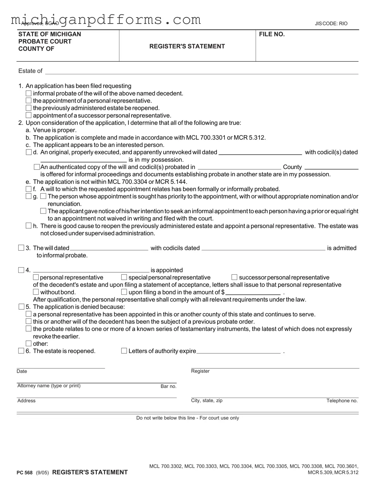 Free Michigan Pc 568 Template in PDF