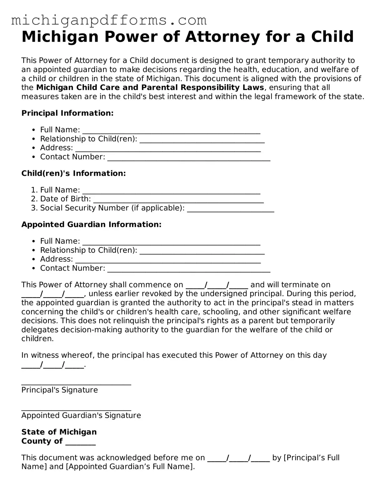 Blank Power of Attorney for a Child Form for Michigan State