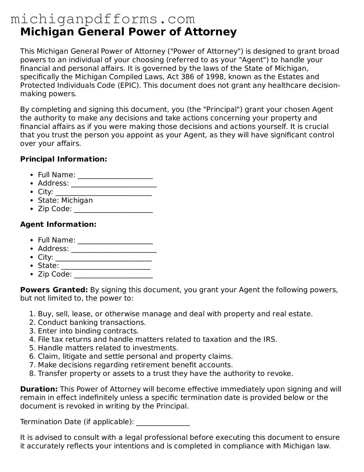 Blank General Power of Attorney Form for Michigan State