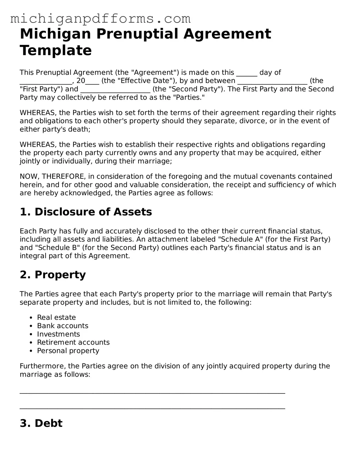 Blank Prenuptial Agreement Form for Michigan State
