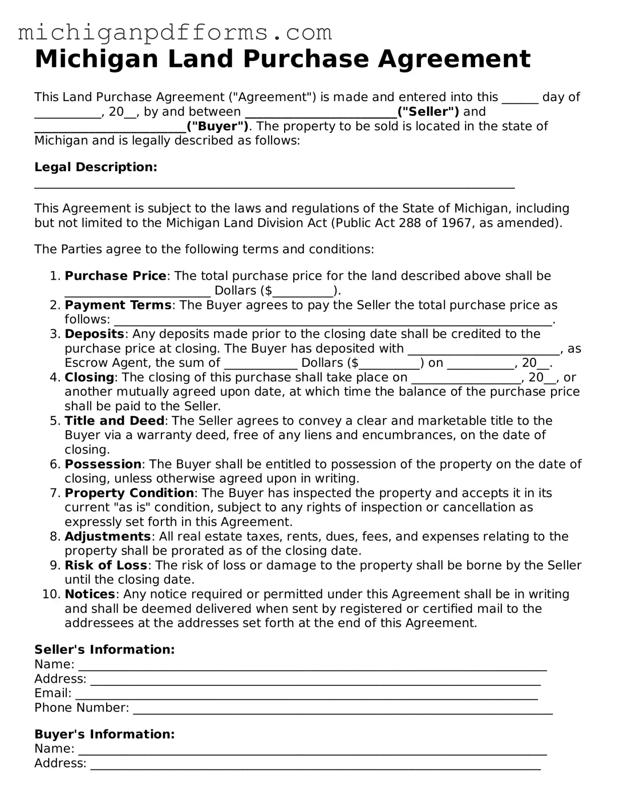 Blank Land Purchase Agreement Form for Michigan State